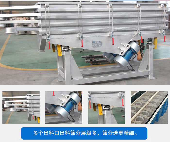多層直線振動篩結(jié)構(gòu)優(yōu)勢：出料口多層選擇，振動電機，震動彈簧減輕振動體的磨損，彈跳球和擋球環(huán)。